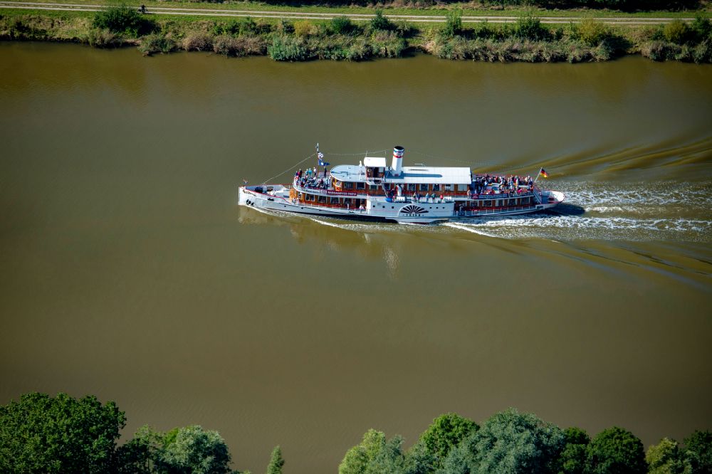 Gribbohm from above - Passenger ship Raddampfer Freya on canal Nord-Ostsee-Kanal in Gribbohm in the state Schleswig-Holstein, Germany