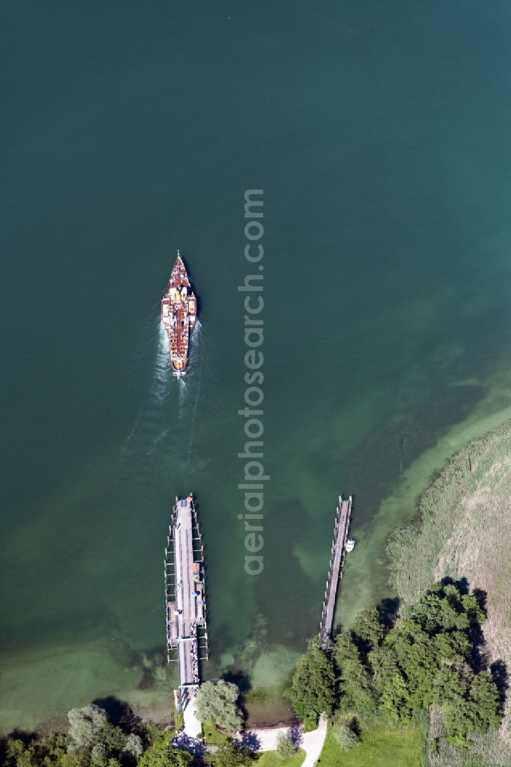 Chiemsee from above - Passenger ship Raddampfer Ludwig Fessler in Chiemsee in the state Bavaria, Germany