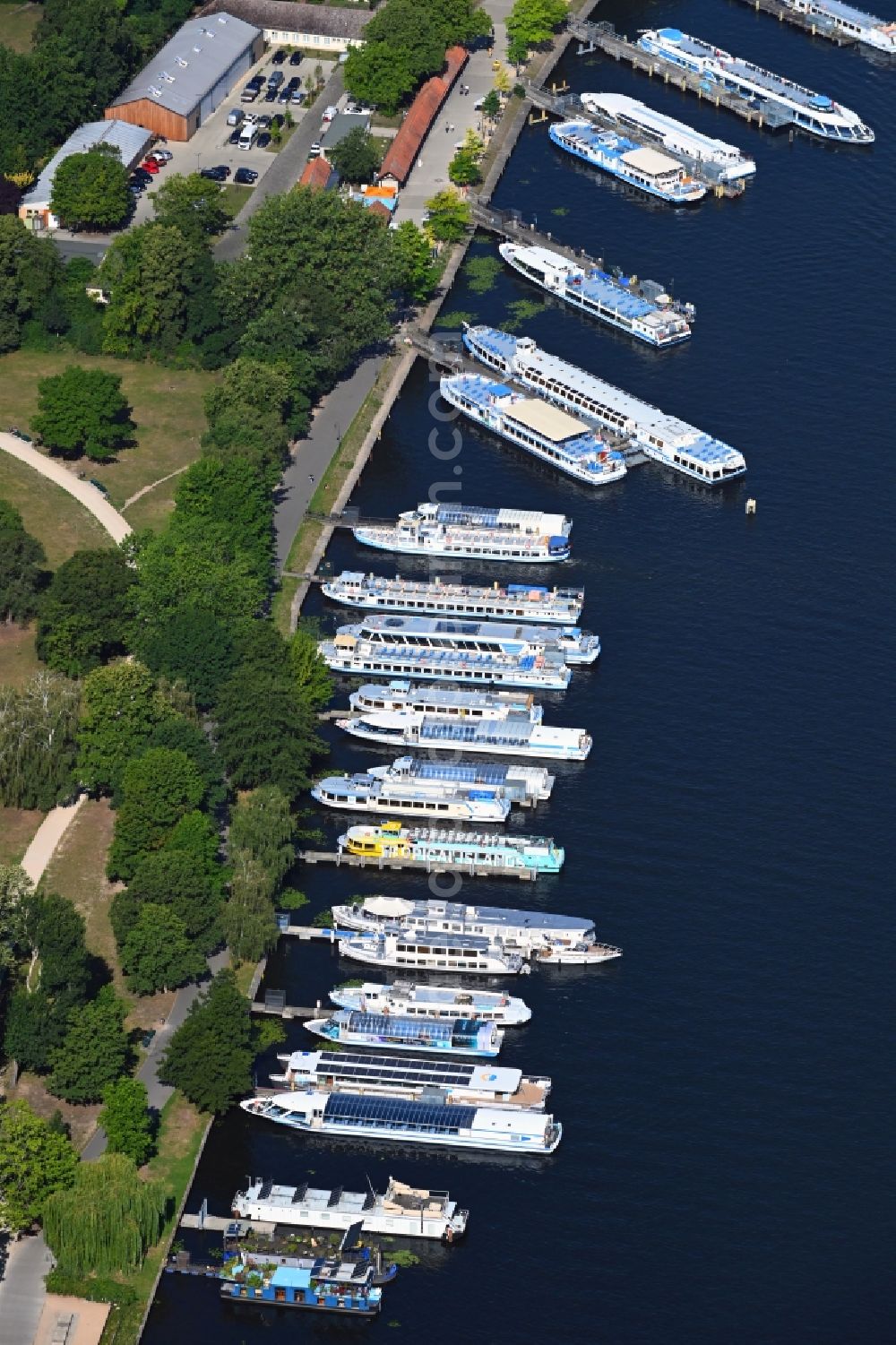 Berlin from above - Passenger and passenger ship of the star and circle navigation GmbH at the port Puschkinallee Treptow in Berlin