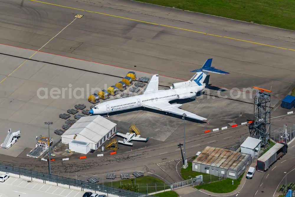 Aerial image Leinfelden-Echterdingen - Passenger airplane eof a business jet that has become rare - business aircraft D-AFSG with engines on the side of the rear in parking position - parking area at the airport Stuttgart in Leinfelden-Echterdingen in the state Baden-Wuerttemberg, Germany