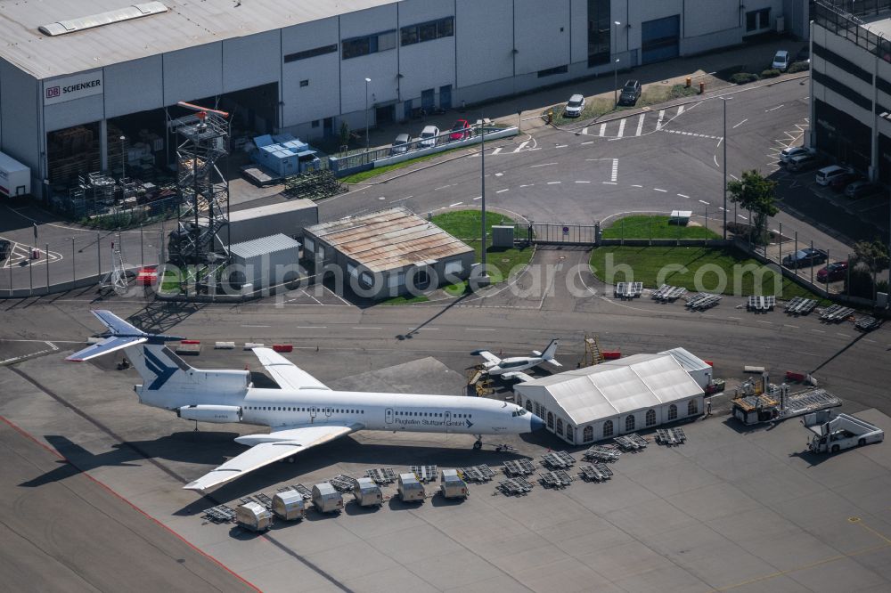 Aerial image Leinfelden-Echterdingen - Passenger airplane eof a business jet that has become rare - business aircraft D-AFSG with engines on the side of the rear in parking position - parking area at the airport Stuttgart in Leinfelden-Echterdingen in the state Baden-Wuerttemberg, Germany