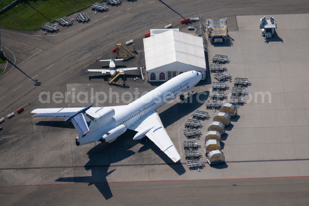 Leinfelden-Echterdingen from above - Passenger airplane eof a business jet that has become rare - business aircraft D-AFSG with engines on the side of the rear in parking position - parking area at the airport Stuttgart in Leinfelden-Echterdingen in the state Baden-Wuerttemberg, Germany