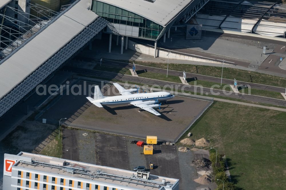 Schkeuditz from above - Passenger airplane Iljuschin IL-18 with the identifier DM-STA in parking position - parking area at the airport in Schkeuditz in the state Saxony, Germany