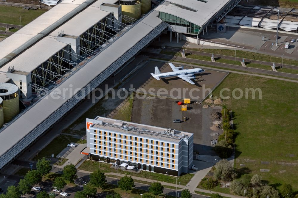 Schkeuditz from above - Passenger airplane Iljuschin IL-18 with the identifier DM-STA in parking position - parking area at the airport in Schkeuditz in the state Saxony, Germany