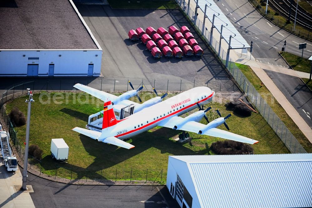 Erfurt from the bird's eye view: Passenger airplane of Interflug als Ausstellungsstueck in parking position - parking area at the airport in the district Bindersleben in Erfurt in the state Thuringia, Germany