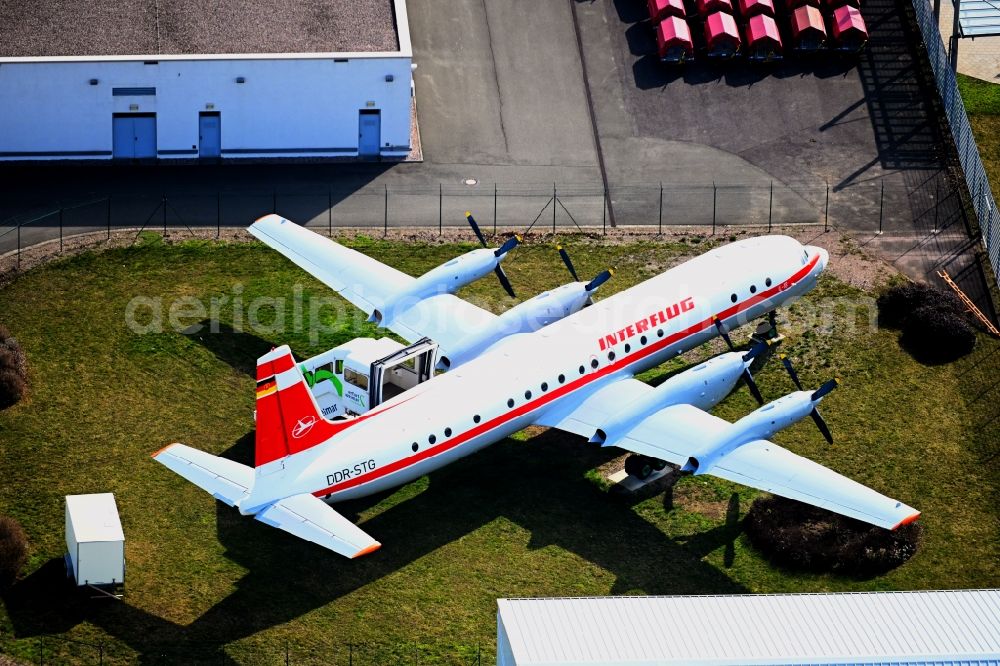 Aerial image Erfurt - Passenger airplane of Interflug als Ausstellungsstueck in parking position - parking area at the airport in the district Bindersleben in Erfurt in the state Thuringia, Germany