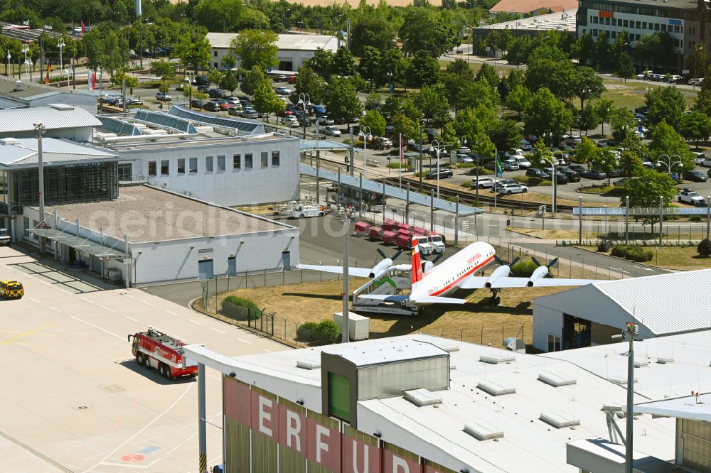 Erfurt from above - Passenger airplane of Interflug als Ausstellungsstueck in parking position - parking area at the airport in the district Bindersleben in Erfurt in the state Thuringia, Germany