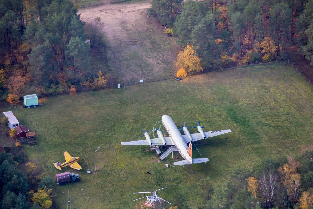 Aerial image Borkheide - Passenger aircraft Ilyushin IL-18 with the registration DDR-STE of the former East German airline INTERFLUG on the exhibition grounds of the Hans Grade Museum on Postweg in Borkheide in the state of Brandenburg