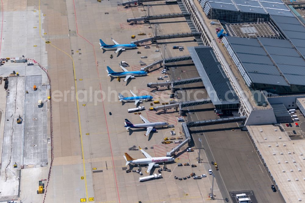 Aerial photograph Stuttgart - Passenger airplane in parking position - parking area at the airport in Stuttgart in the state Baden-Wurttemberg, Germany