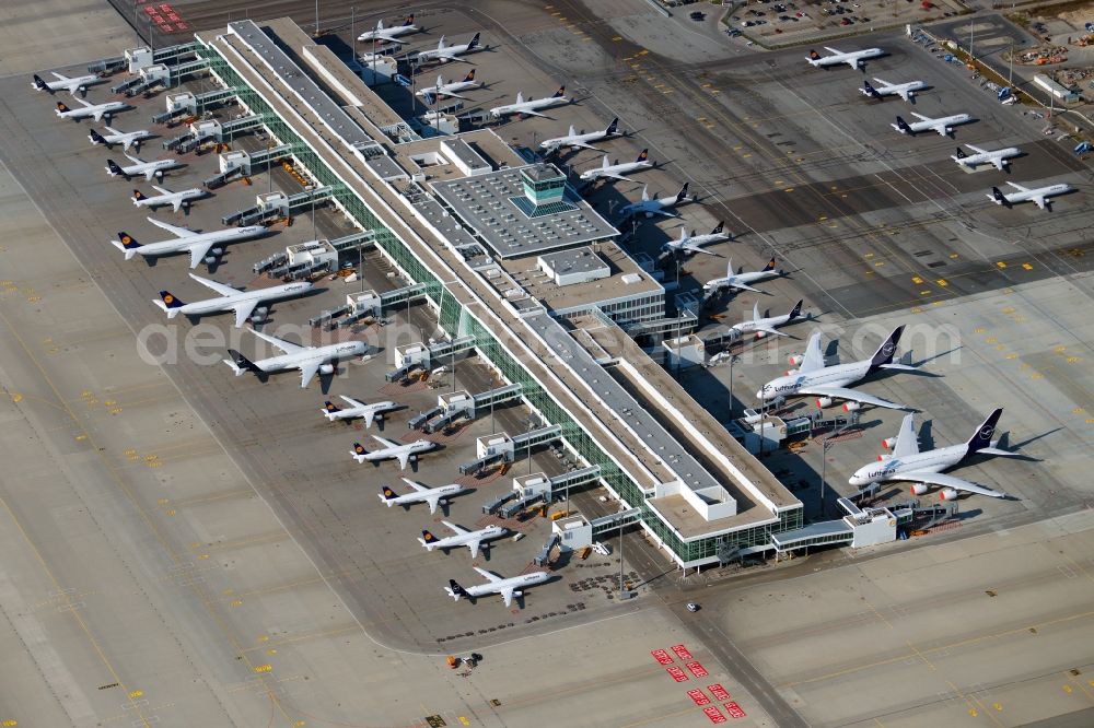 München from the bird's eye view: Passenger aircraft decommissioned due to the crisis on the parking positions and parking space at the airport in Munich in the state Bavaria, Germany