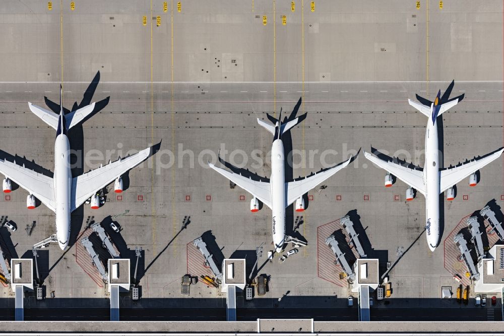 Aerial image München-Flughafen - Passenger airplane of Lufthansa, aufgrund of Corona Lockdowns in parking position - parking area at the airport in Muenchen-Flughafen in the state Bavaria, Germany