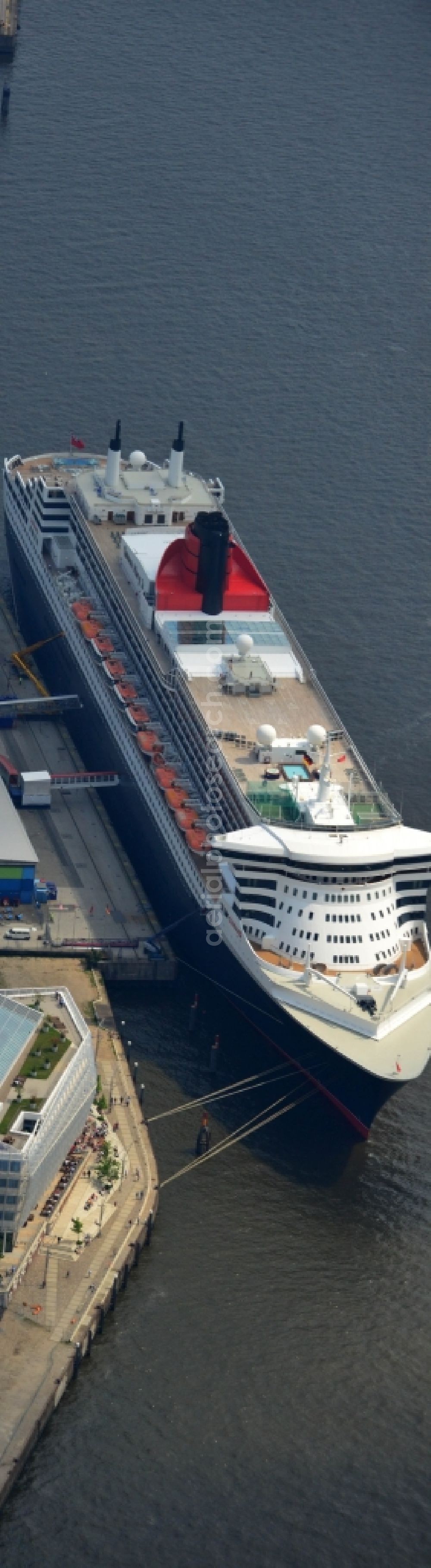 Hamburg from above - Passenger ship and luxury liner Queen Mary 2 on Chicagokai - Strandkai in Hamburg