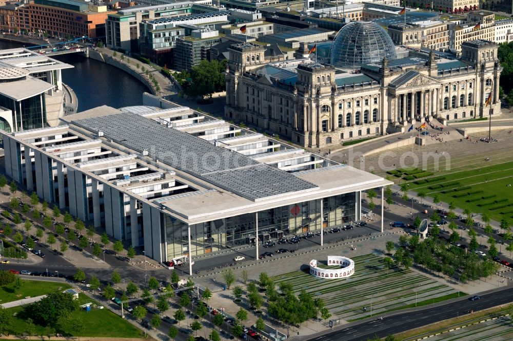 Berlin from the bird's eye view: Paul Loebe House with the Reichstag in Berlin. The Paul Loebe Building is a functional building in the modern architectural style of the German Bundestag in Berlin's government district