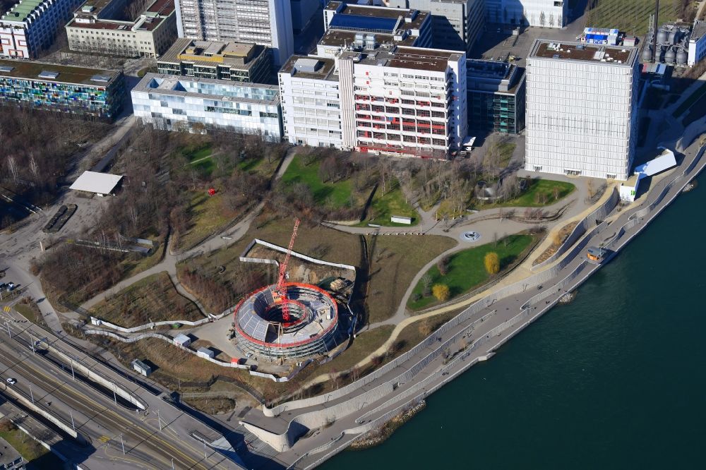 Aerial image Basel - Extension building site for a pavilion of Novartis Pharma AG on the banks of the Rhine in the district Sankt Johann in Basel, Switzerland