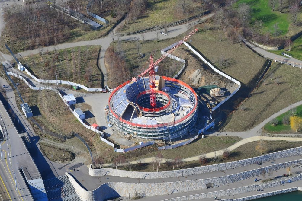 Aerial photograph Basel - Extension building site for a pavilion of Novartis Pharma AG on the banks of the Rhine in the district Sankt Johann in Basel, Switzerland