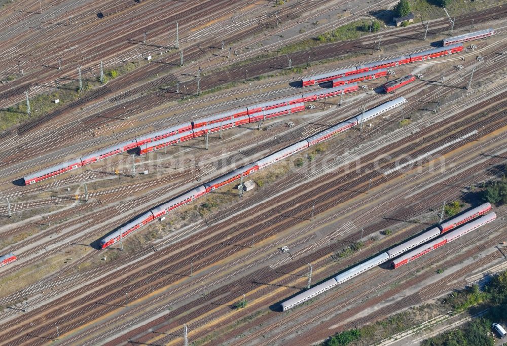 Aerial photograph Cottbus - Regional passenger trains on the sidings of the marshalling yard in Cottbus in the state Brandenburg, Germany