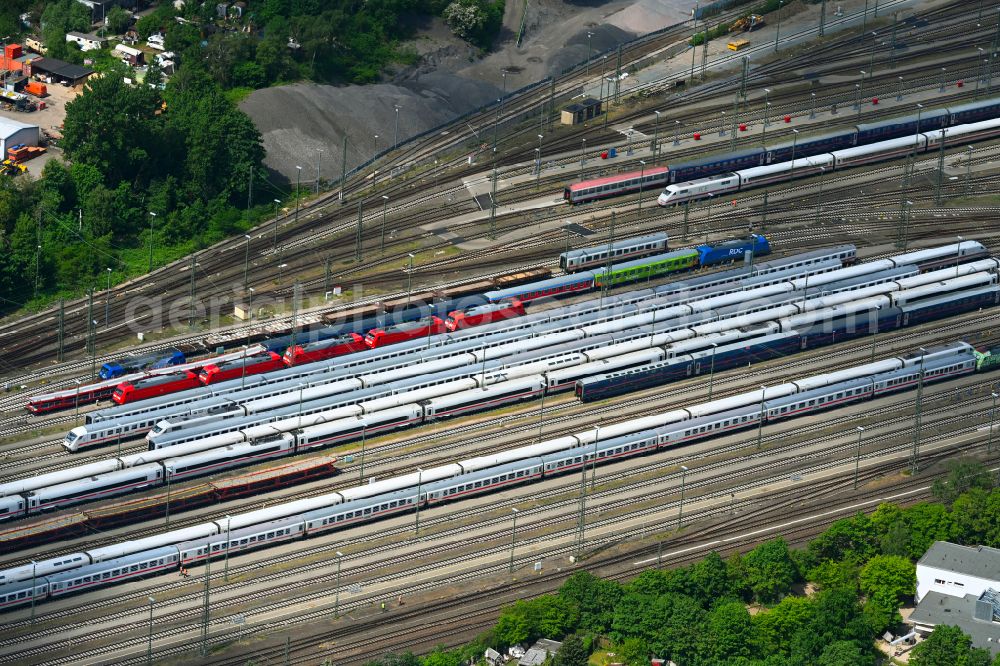 Hamburg from above - Regional and long-distance passenger trains on the sidings of the marshalling yard on the street Foersterweg in the district Bahrenfeld in Hamburg, Germany