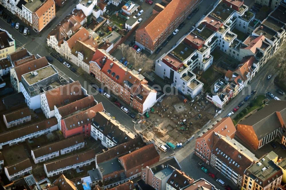 Aerial image Lübeck - Construction site with piling works for the foundation slab of a new building Ellerbrook corner Fischergrube in the district Altstadt in Luebeck in the state Schleswig-Holstein, Germany