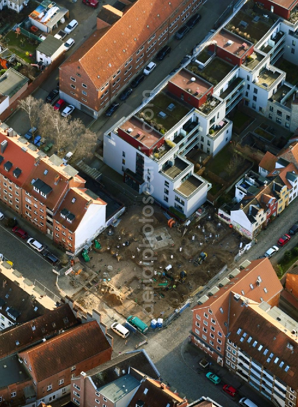 Aerial photograph Lübeck - Construction site with piling works for the foundation slab of a new building Ellerbrook corner Fischergrube in the district Altstadt in Luebeck in the state Schleswig-Holstein, Germany