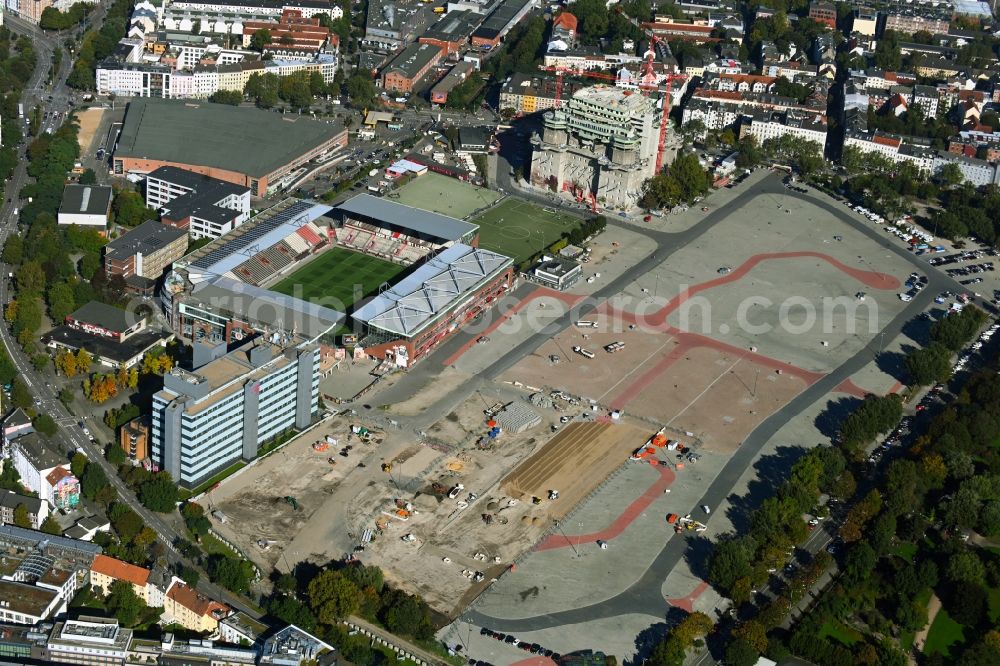 Aerial photograph Hamburg - Construction site for laying paving stones as flooring on Heiligengeistfeld in the district Sankt Pauli in Hamburg, Germany