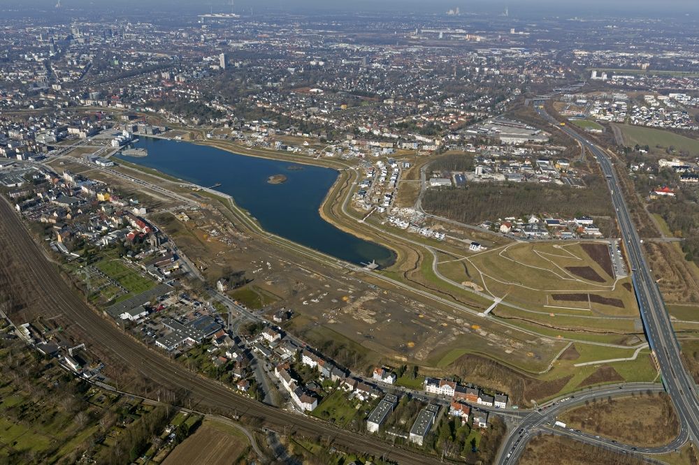 Aerial image Dortmund - View of the Lake Phoenix in Dortmund in the state North Rhine-Westphalia. The Lake Phoenix is an artificial lake on the area of the former steelwork Phoenix-Ost. Together with the circumjacent areal a housing area and a recreational area will be created