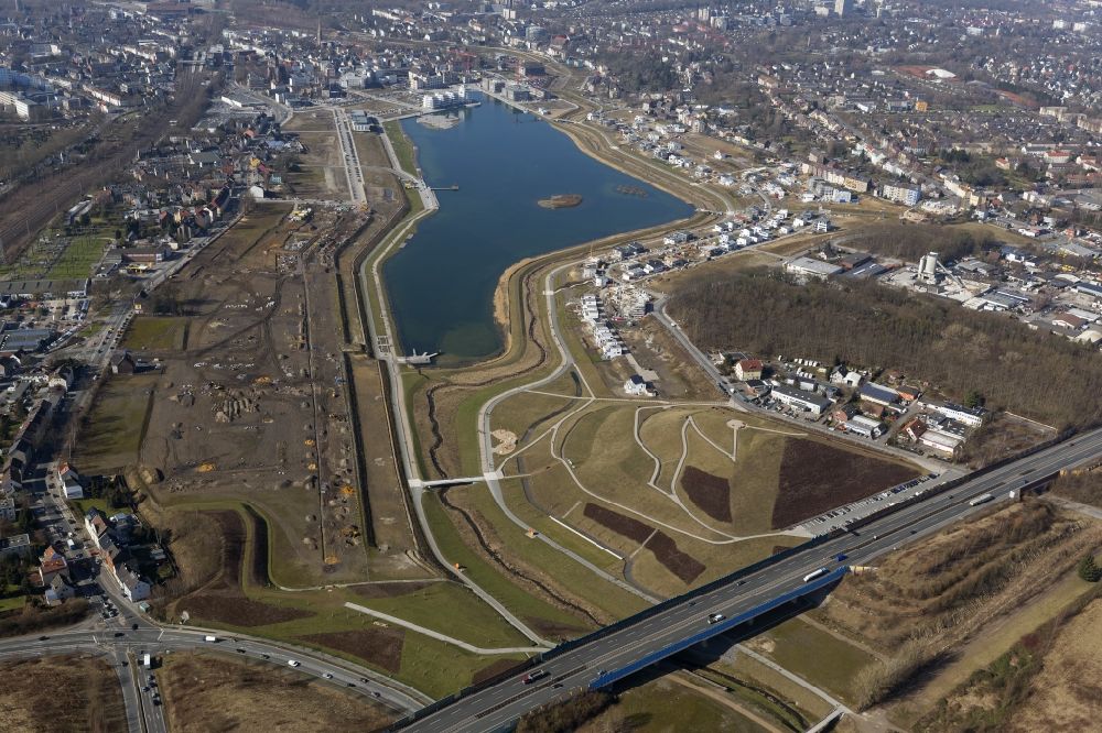 Aerial photograph Dortmund - View of the Lake Phoenix in Dortmund in the state North Rhine-Westphalia. The Lake Phoenix is an artificial lake on the area of the former steelwork Phoenix-Ost. Together with the circumjacent areal a housing area and a recreational area will be created