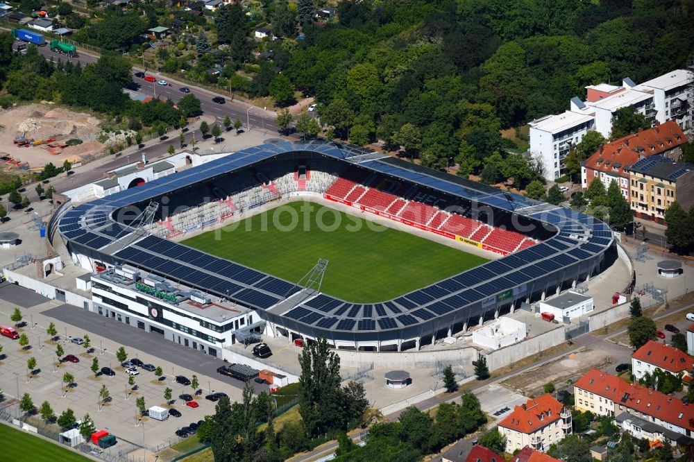 Halle (Saale) from the bird's eye view: Photovoltaic solar power plant on the roof of stadium Erdgas Sportpark in Halle (Saale) in Sachsen-Anhalt