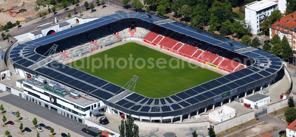 Aerial image Halle (Saale) - Photovoltaic solar power plant on the roof of stadium Erdgas Sportpark in Halle (Saale) in Sachsen-Anhalt