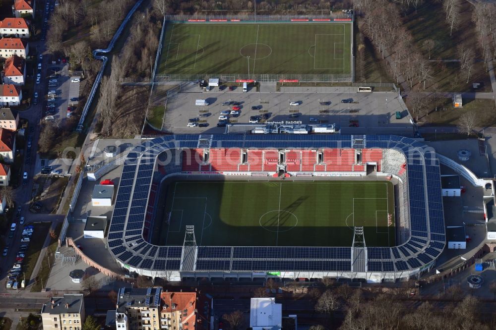 Halle (Saale) from above - Photovoltaic solar power plant on the roof of stadium Erdgas Sportpark in Halle (Saale) in Sachsen-Anhalt