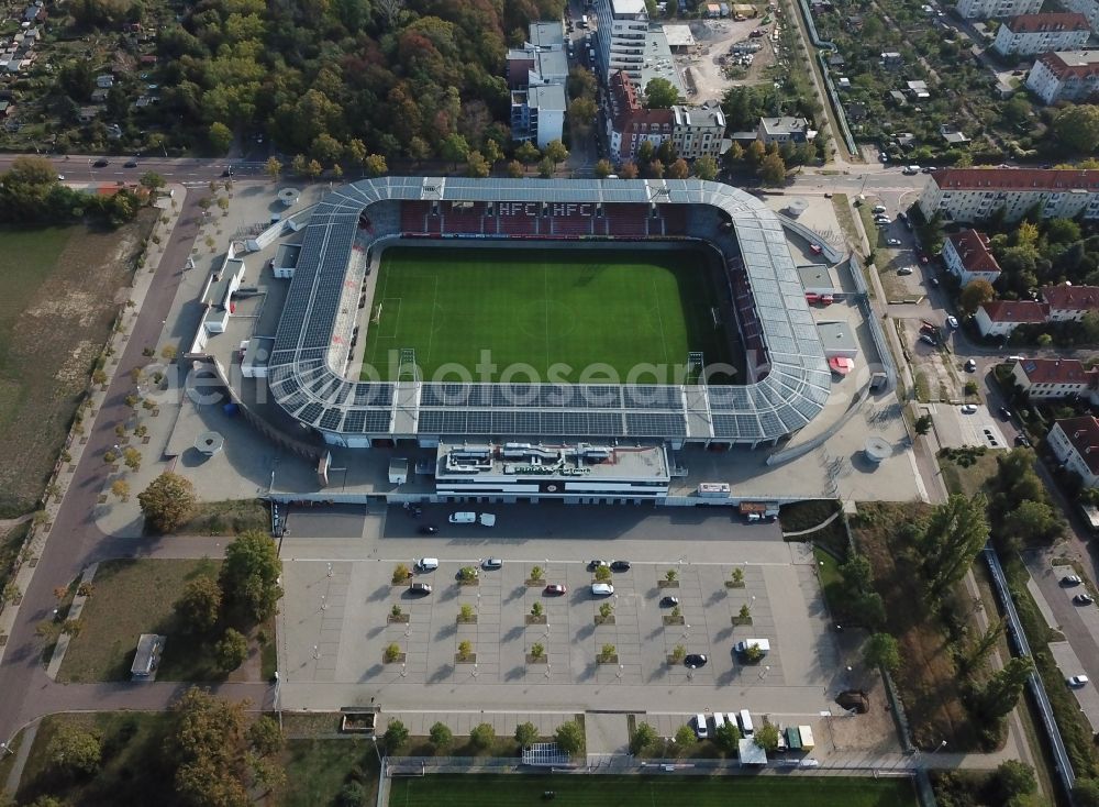 Aerial photograph Halle (Saale) - Photovoltaic solar power plant on the roof of stadium Erdgas Sportpark in Halle (Saale) in Sachsen-Anhalt