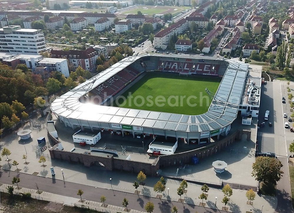 Halle (Saale) from above - Photovoltaic solar power plant on the roof of stadium Erdgas Sportpark in Halle (Saale) in Sachsen-Anhalt