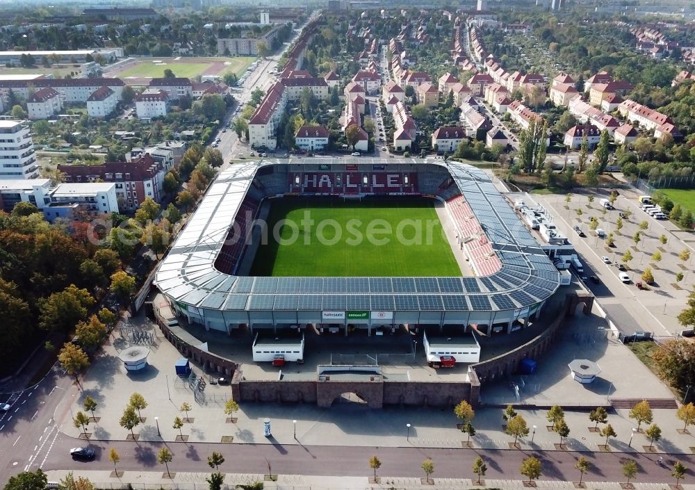 Halle (Saale) from the bird's eye view: Photovoltaic solar power plant on the roof of stadium Erdgas Sportpark in Halle (Saale) in Sachsen-Anhalt