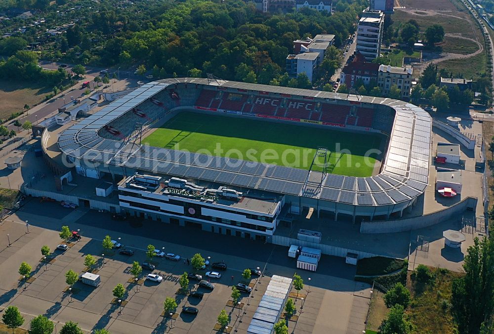 Aerial image Halle (Saale) - Photovoltaic solar power plant on the roof of stadium Erdgas Sportpark in Halle (Saale) in Sachsen-Anhalt