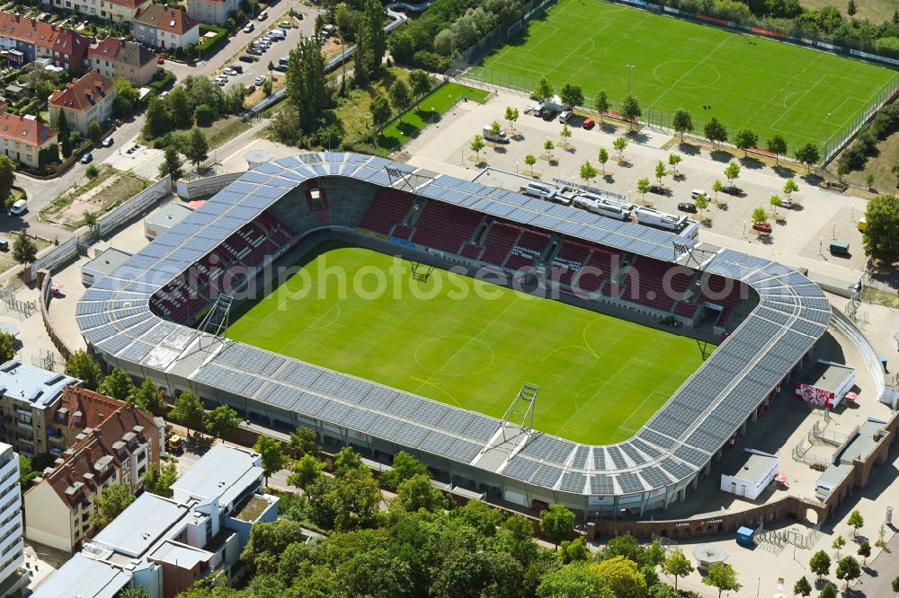 Aerial photograph Halle (Saale) - Photovoltaic solar power plant on the roof of stadium Erdgas Sportpark in Halle (Saale) in Sachsen-Anhalt