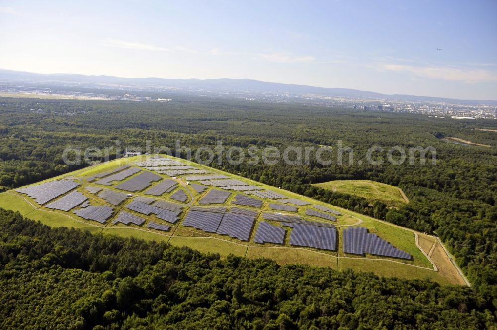 Aerial image Dreieich OT Buchschlag - FRANKFURT / MAIN 07/23/2012 view of the photovoltaic / solar power plant on the former landfill site Buchschlag with Dreieich in Hesse. A project of the FES Frankfurt disposal and Service GmbH