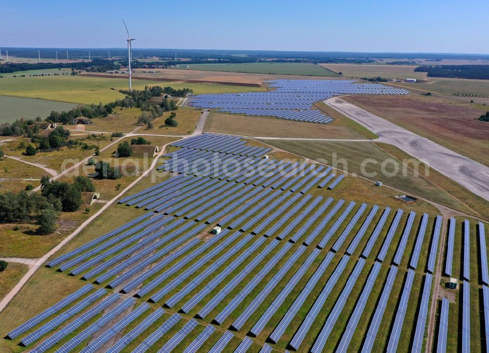 Zerbst/Anhalt from above - Zerbst airfield and solar power plant - photovoltaic park and wind farm on the open spaces of Zerbst airfield in the state of Saxony-Anhalt