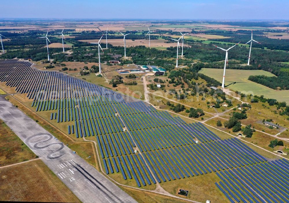 Zerbst/Anhalt from above - Zerbst airfield and solar power plant - photovoltaic park and wind farm on the open spaces of Zerbst airfield in the state of Saxony-Anhalt