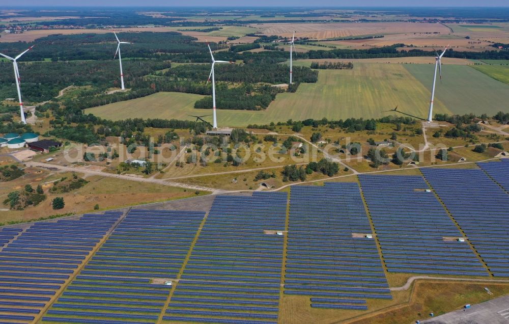 Aerial image Zerbst/Anhalt - Zerbst airfield and solar power plant - photovoltaic park and wind farm on the open spaces of Zerbst airfield in the state of Saxony-Anhalt