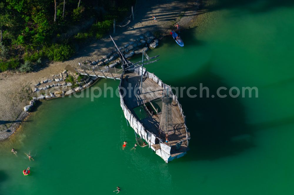 Salem from above - Pirate boat in the water on the Robinson Island on the Schlosssee in Salem in the state Baden-Wuerttemberg, Germany