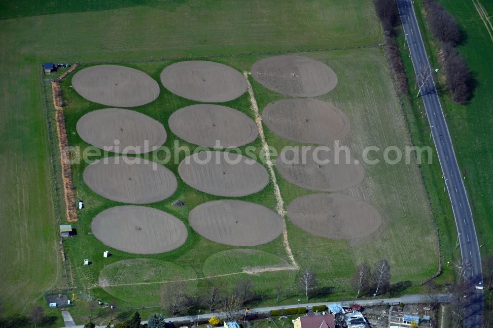 Aerial image Eiche - Circular round arch of a pivot irrigation system on agricultural fields in Eiche in the state Brandenburg, Germany