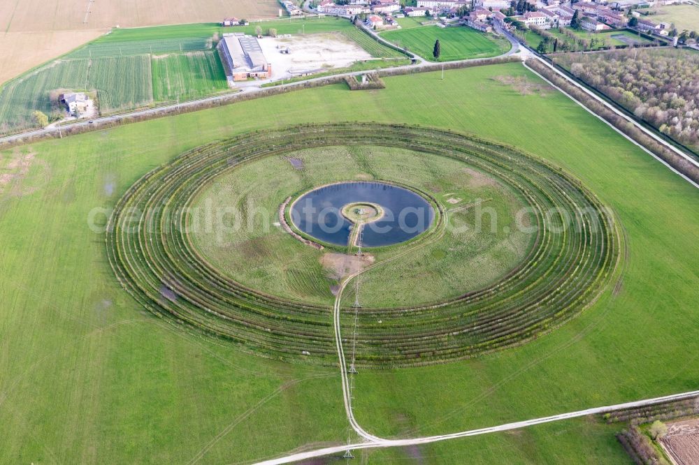 Persereano from above - Circular round arch of a pivot irrigation system on agricultural fields in Persereano in Friuli-Venezia Giulia, Italy