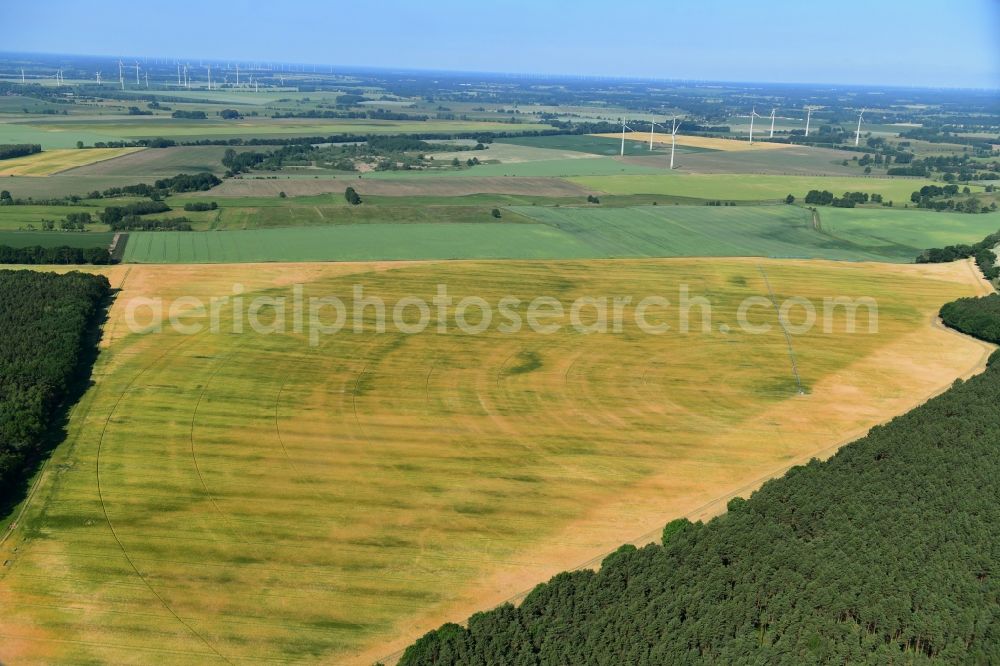 Wutike from above - Circular round arch of a pivot irrigation system on agricultural fields in Wutike in the state Brandenburg, Germany