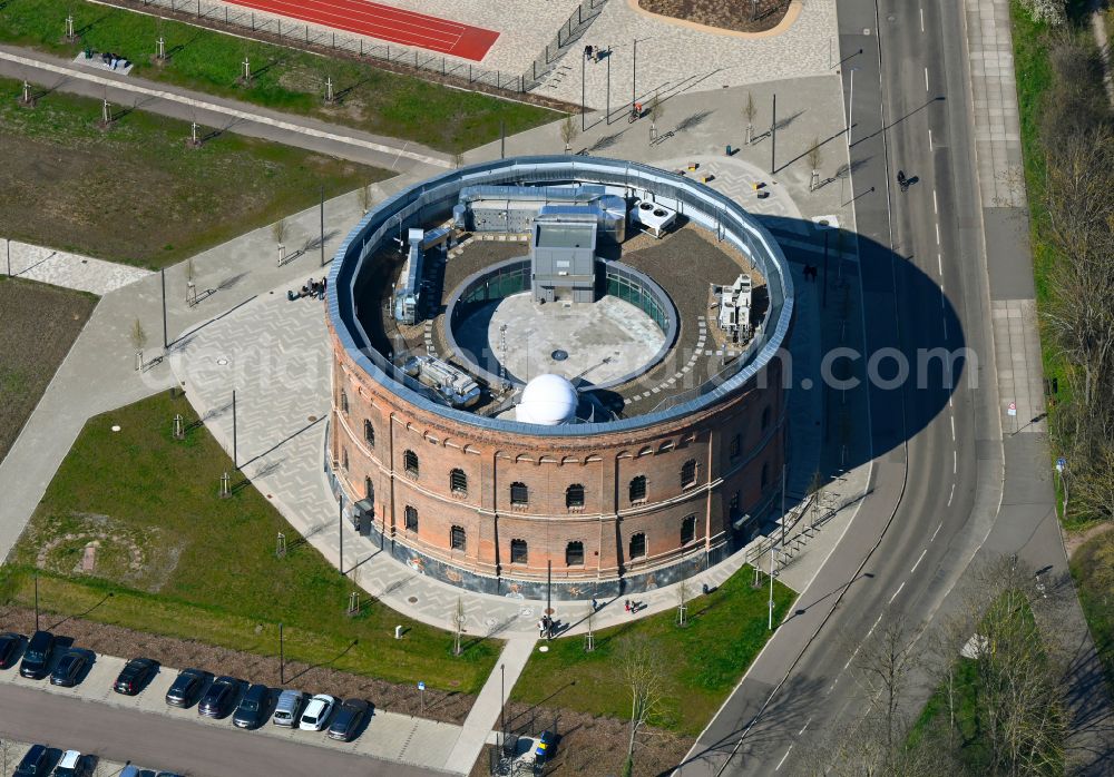 Halle (Saale) from the bird's eye view: Planetarium building in the old gasometer at place Holzplatz in the district Saaleaue in Halle (Saale) in the state Saxony-Anhalt, Germany