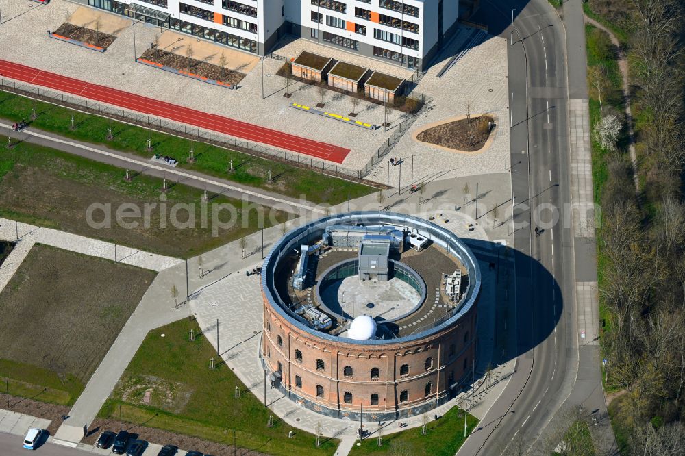 Aerial image Halle (Saale) - Planetarium building in the old gasometer at place Holzplatz in the district Saaleaue in Halle (Saale) in the state Saxony-Anhalt, Germany