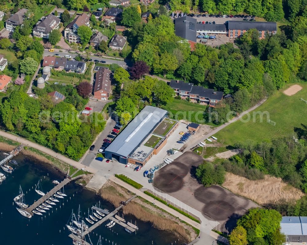 Glücksburg from above - Planetarium and marina with boat berths on the shore of the Flensburg Fjord in Gluecksburg in Schleswig-Holstein, Germany