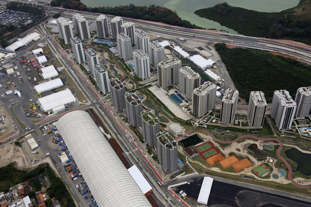 Rio de Janeiro from above - Skyscrapers in the residential area of industrially manufactured settlement for accommodation of athletes before the Summer Games of the Games of the XXXI. Olympics in Rio de Janeiro in Rio de Janeiro, Brazil