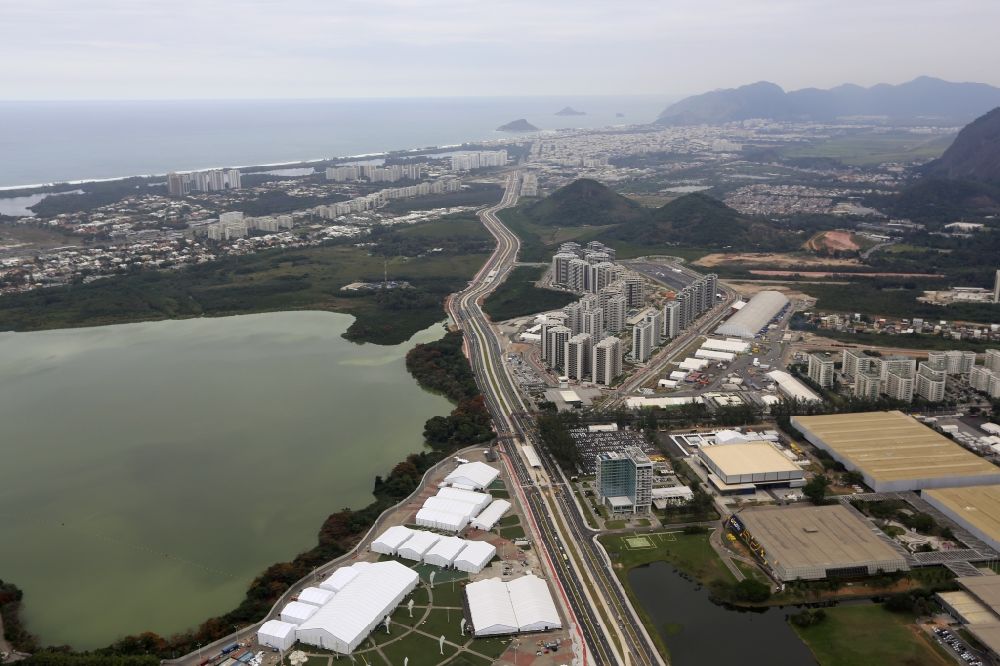 Aerial image Rio de Janeiro - Skyscrapers in the residential area of industrially manufactured settlement for accommodation of athletes before the Summer Games of the Games of the XXXI. Olympics in Rio de Janeiro in Rio de Janeiro, Brazil