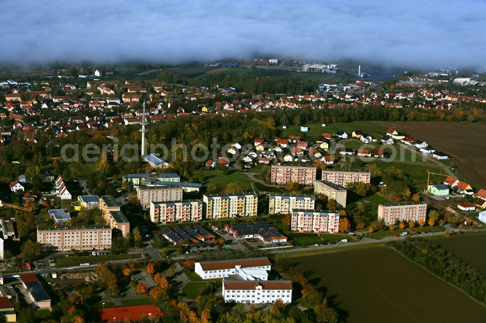 Aerial image Artern/Unstrut - Skyscrapers in the residential area of industrially manufactured settlement in Artern/Unstrut in the state Thuringia, Germany