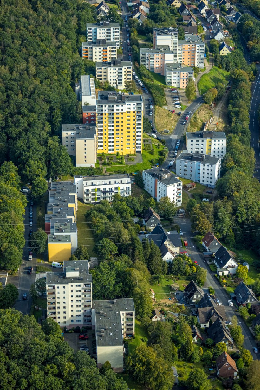 Birlenbach from above - Residential area of industrially manufactured settlement on street Wildweg in Birlenbach at Siegerland in the state North Rhine-Westphalia, Germany