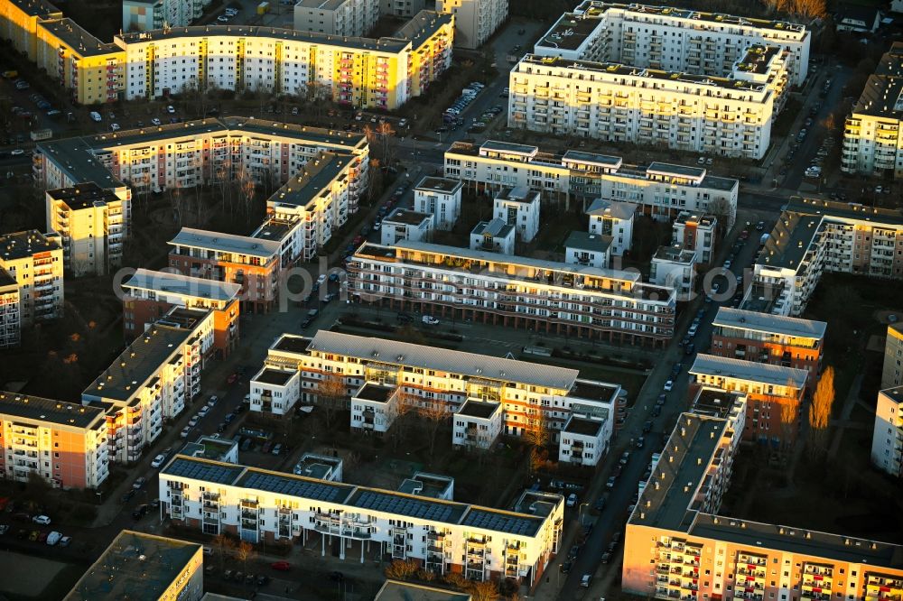 Berlin from above - Skyscrapers in the residential area of industrially manufactured settlement Branitzer Karree on street Adele-Sandrock-Strasse, Louis-Lewin-Strasse, Schwarzheider Strasse and Annaburger Strasse in Berlin, Germany